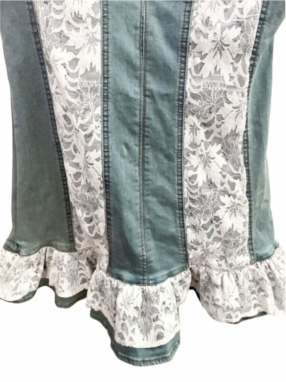 The Vintage Shop Blue Stretch Denim Lace Trim Ruffle Mini Dress Sweetheart L - Picture 6 of 14